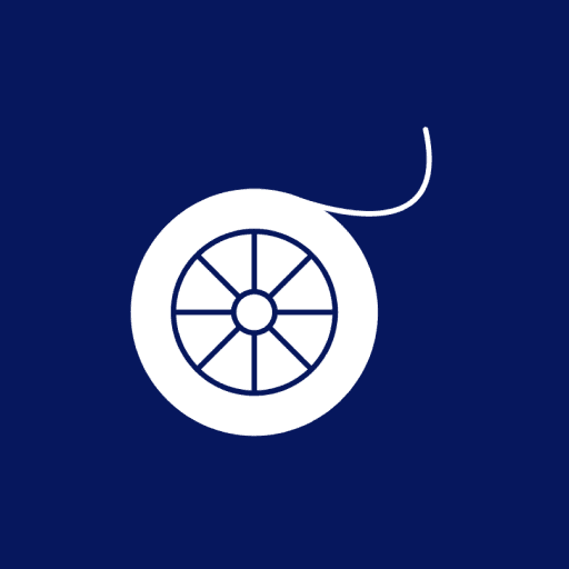 White film reel icon on blue background.