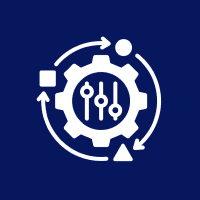 Cog with arrows and shapes, dark background.