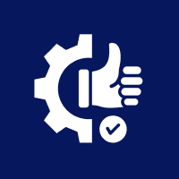 Gear and thumbs-up icon with checkmark.