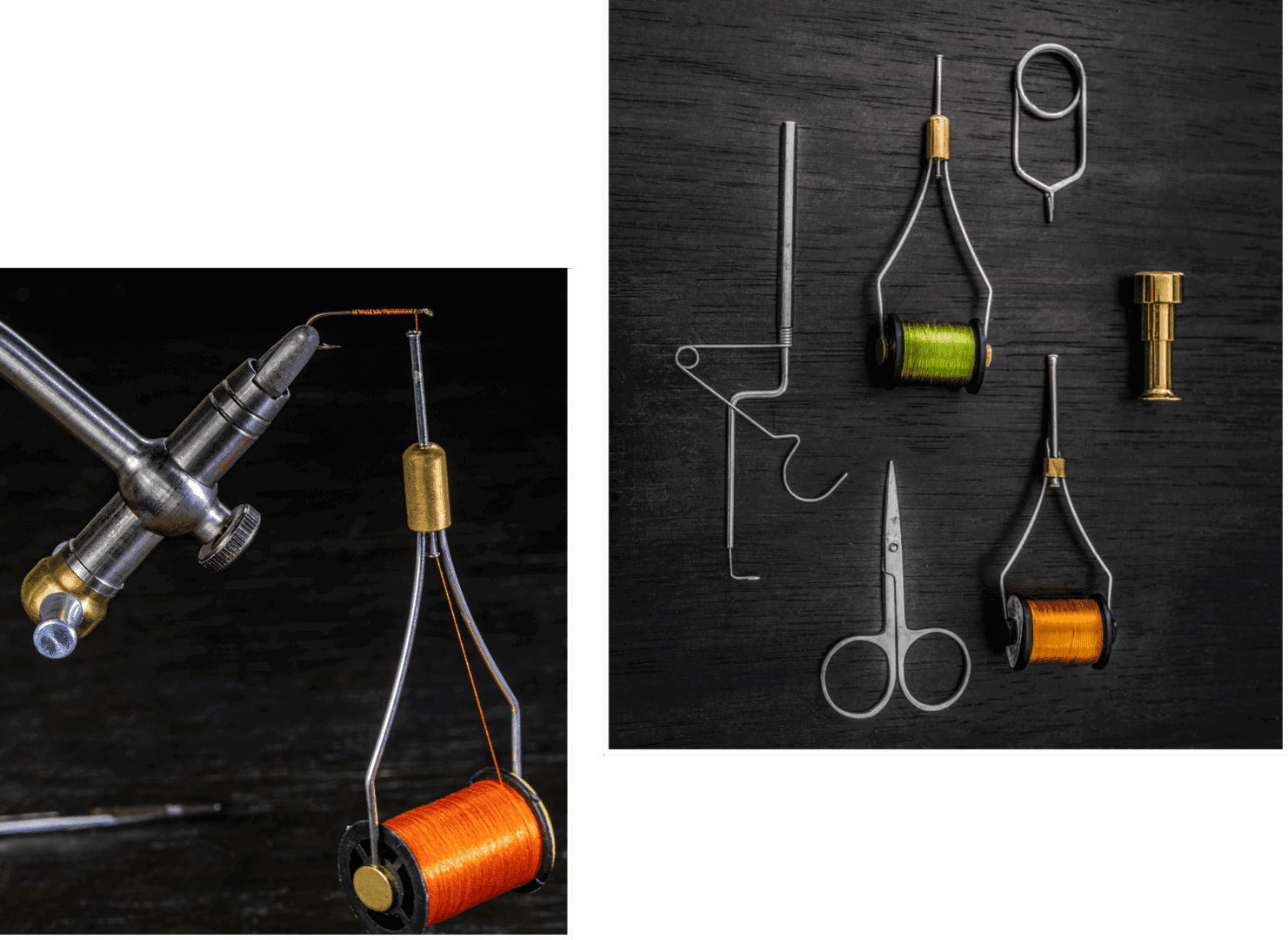 Fly tying tools and materials on display.